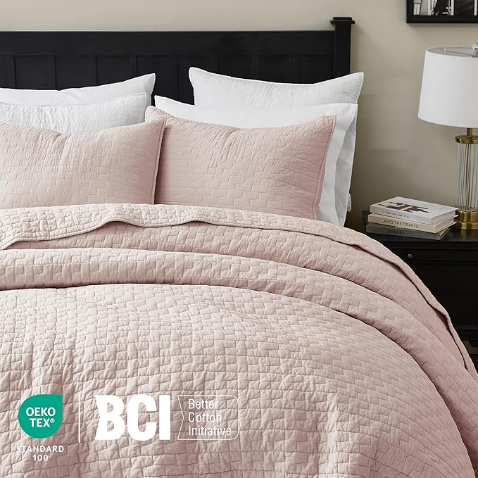palassio Pink 100% Cotton Quilt Twin Size Bedding Sets with 1 Pillow Sham, Textured Lightweight Soft Bedspread Shabby Chic Coverlet, Quilted Comforter Bed Cover for All Season, 2 Pieces