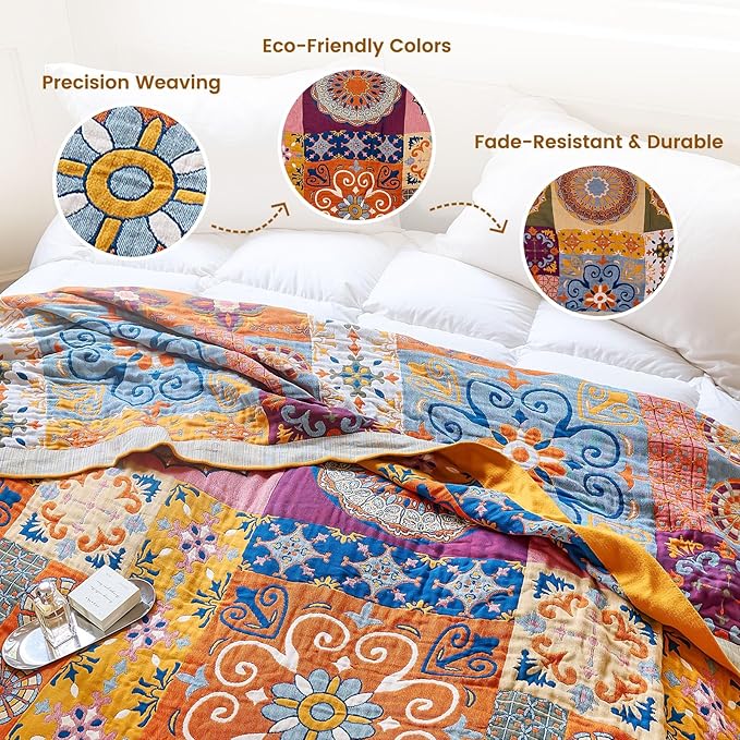 MSGKV Boho Throw Blanket 50"x60" Summer Cotton Roman Woven Throw Blanket | Roman Pattern, Muslin Throw, Reversible Woven, Lightweight Comfort, Decorative Home Accent, All Season Use, Machine Washable