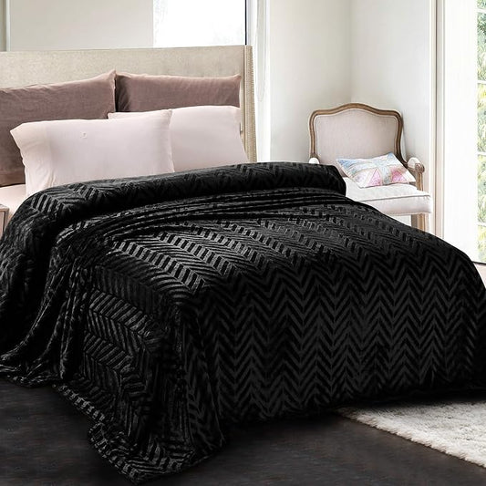 Whale Flotilla Flannel Fleece Bed Blanket Queen Size, Black | Lightweight Breathable Soft Bedspread, Plush Fluffy Coverlet Chevron Design Decorative Blanket for All Season, 90x90 Inch