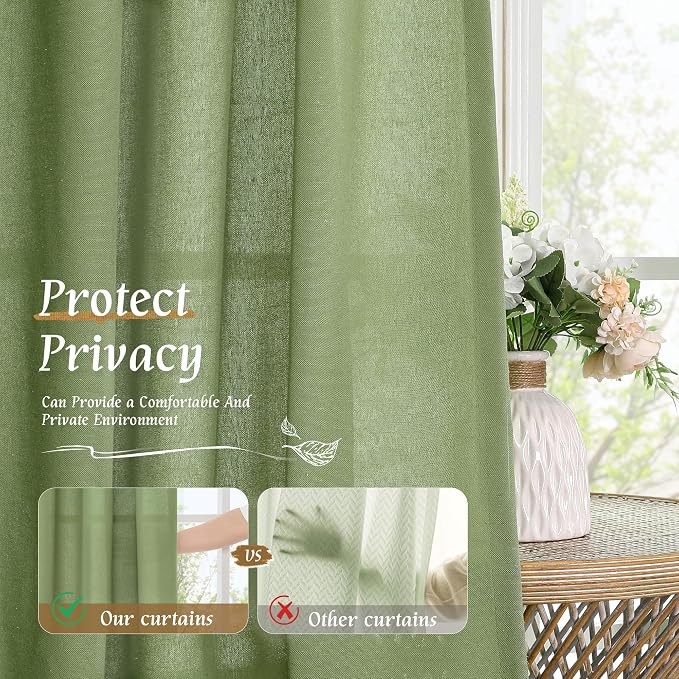 72 inch Length Green Semi Sheer Linen Curtains for Living Room | Light Filtering, Linen Textured, Boho, Spring Room Decor, Drapes for Farmhouse, Bedroom, Rod Pocket, 2 Panels, 52 x 72 Inch