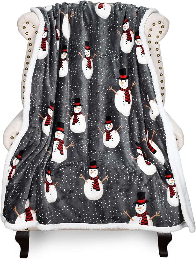 Catalonia Snowman Blanket, Holiday Theme Sherpa Fleece Throw, Blanket for Couch and Bed, Christmas Blanket | Super Soft, Comfy, Cozy, Fluffy, Warm | 50x60 inch, Grey