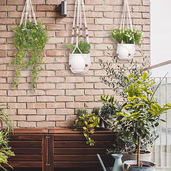 YIBOT 3 Pack Macrame Plant Hangers Hanging Planters for Indoor Plants Ivory
