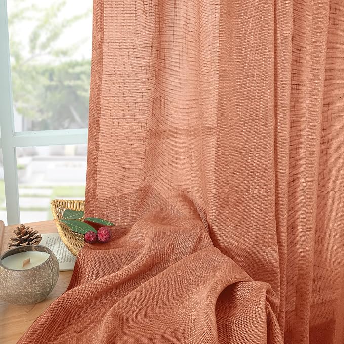 YoungsTex Burnt Orange Linen Curtains 68 Inches Long for Living Room - Semi Sheer Drapes Light Filtering with Rod Pocket Back Tab Rustic Lightweight for Bedroom Window, 2 Panels, 52 X 68 Inch