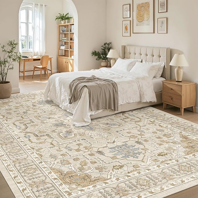 Madane 8x10 Area Rugs for Living Room, Non-Slip Washable Rug, Beige/Blue | Ultra-Thin Stain Resistant Vintage Large 8'X10' Carpet, Low-Pile Floor Mat For Bedroom Dining Room Office Home Decor