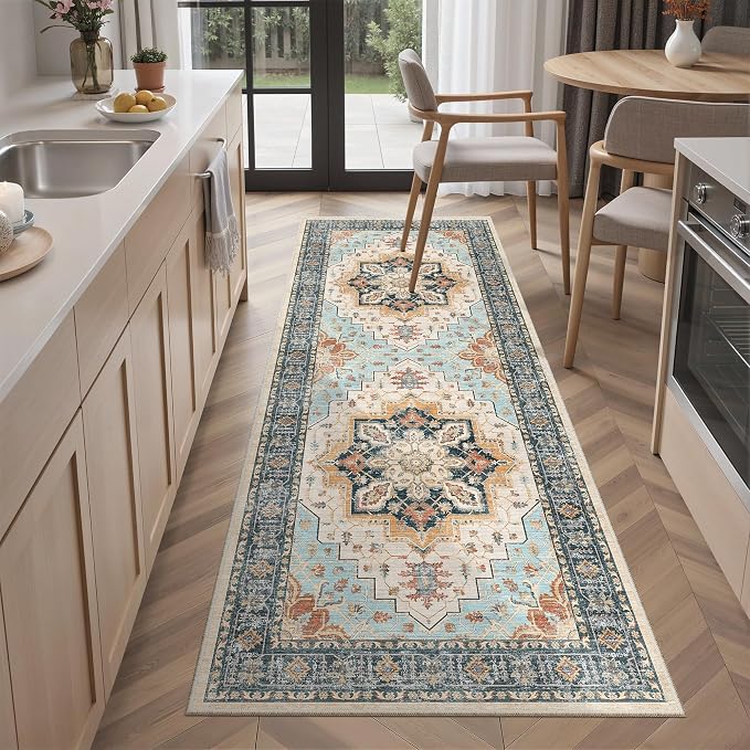 Madane Washable Runner Rug 2x6 Runners for Hallways Non Slip, Orange/Blue | Vintage Stain-Resistant 6 Feet Kitchen Rug, Soft Low-Pile Ultra-Thin Floor Carpet Mat for Bathroom Laundry Room Bedroom 2x6ft