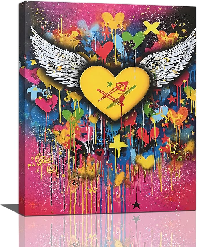 Crekviy Banksy Wall Art Street Graffti Wall Decor Heart Wings Canvas Prints Painting Romantic Artwork Decorations for Bathroom Bedroom Living Room Office Framed Gifts 16"x20"