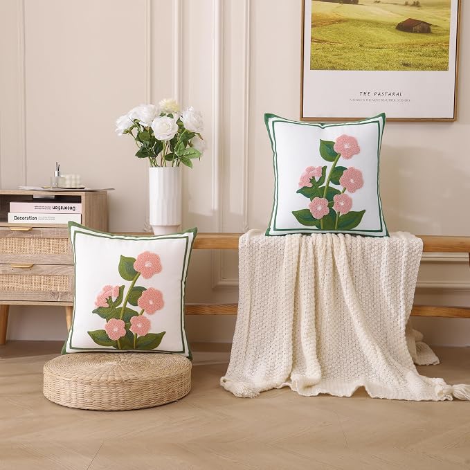 LUOYEHK Embroidered Throw Pillow Covers 18x18 Inch Set of 2 Pink Flower with Green Leaves Decorative Pillow Cases Spring Farmhouse Floral Cushion Covers for Couch Sofa Bed Living Room