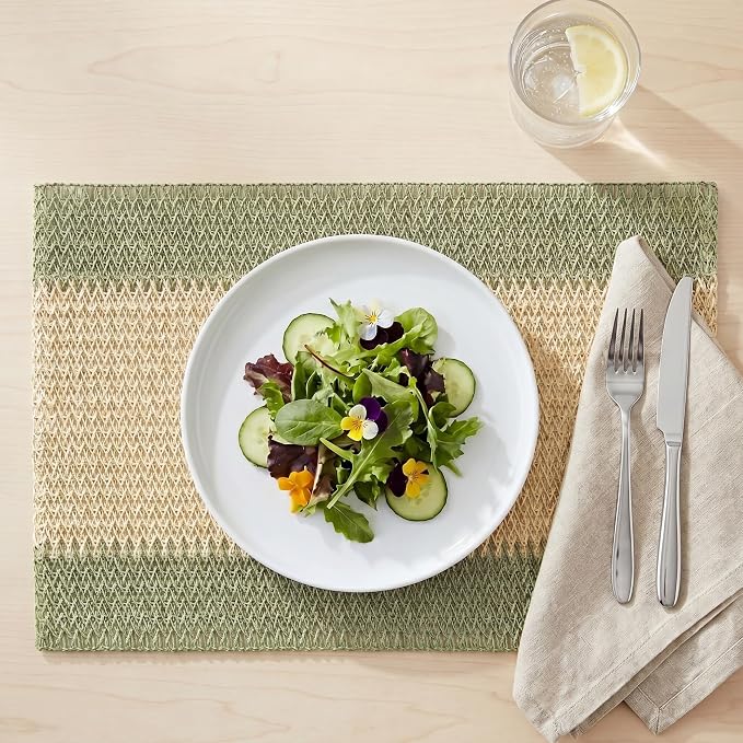 Artoid Mode Light Green Paper Woven Farmhouse Stripe Placemats Set of 4,12x18 Inch Seasonal Holiday Table Mats Party Kitchen Dining Decoration