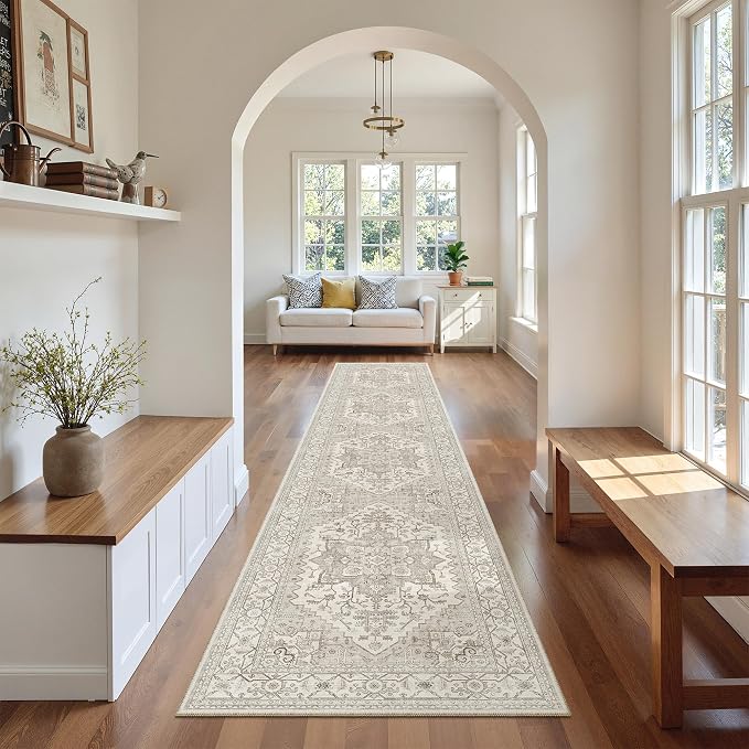 Madane Washable Runner Rugs 2x10 Long for Hallway Kitchen, Beige/Brown | Non-Slip Low-Pile 10ft Rug Runners Soft, Stain-Resistant Floor Carpet Mat for Entrance, Living Dining Laundry Room, Stair