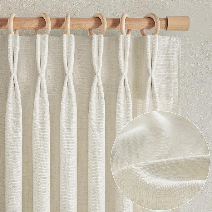 Cream Beige Linen Sheer Curtains 90 Inches Long for Dining Room 2 Panels Set, Pinch Pleated Light Filtering Nursery Curtain with Back Tab Ceiling Track Thick Privacy Drapes for 40 x 90 Inch Windows