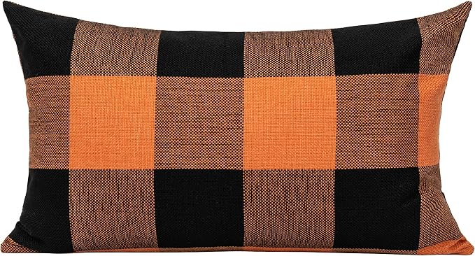 VAKADO 12x20 Inch Set of 2 Buffalo Plaids Decorative Throw Pillow Cases Farmhouse Fall Retro Checkers Lumbar Rectangle Cushion Covers Home Decor for Sofa Couch, Orange and Black