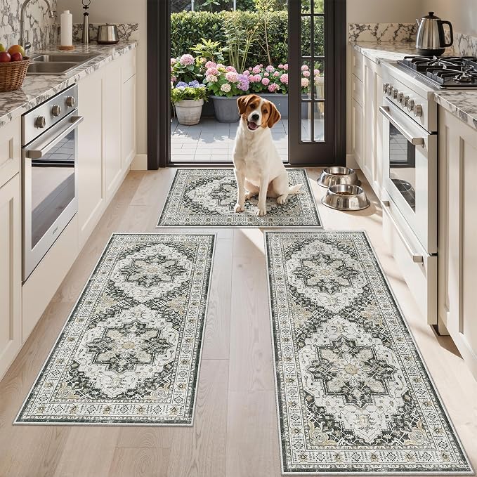 Madane Washable Kitchen Rug Set of 3 Small Area Rugs Non-Slip, Black | Vintage Hallway Entryway Door Mat Indoor Entrance Low Pile Floor Carpet Runner for Inside Front Entry Laundry 2x3+2x4+2x5