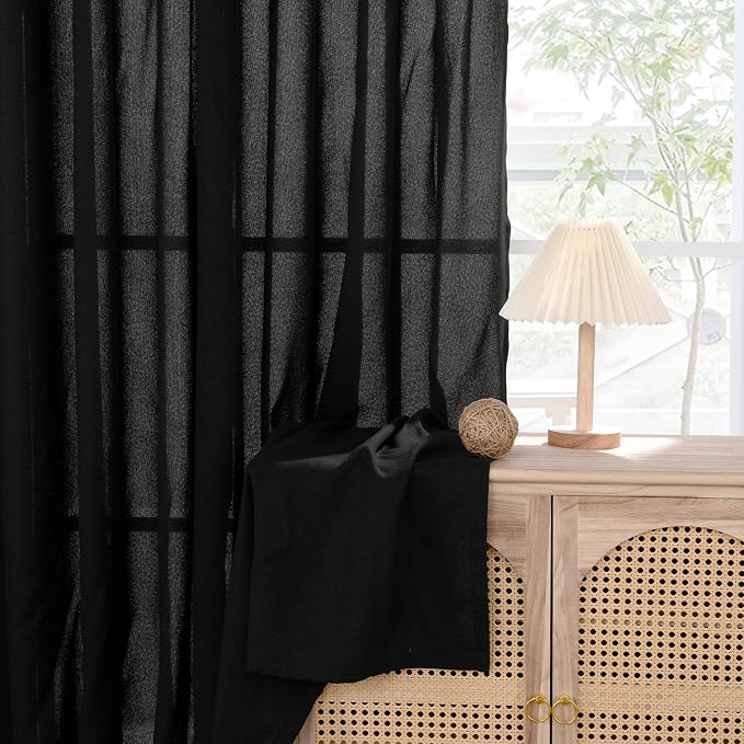YoungsTex Short Black Linen Semi Sheer Curtains 45 Inch Length 2 Panels | Light Filtering Drapes with Bronze Grommet Privacy Helloween Decor for Bathroom Living Room Window, 42 x 45 Inch