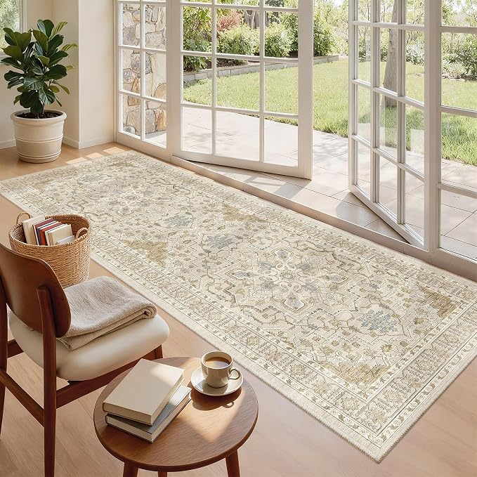 Madane Hallway Runner 3x8, Kitchen Rugs Washable Entry Rug, Beige/Blue | Vintage Non Slip Entryway Indoor Area Rugs, Soft Low-Pile Farmhouse Wide Carpet Runners for Bathroom Living Room Bedroom