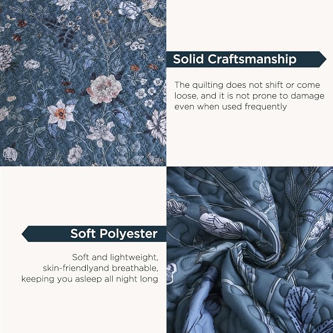 Litanika Floral Navy Quilt Oversized King - 3Pcs Botanical Birds Bed Set | Super King Plus Blue Bedspread Summer Lightweight Soft Coverlet for All Seasons(128"x120")