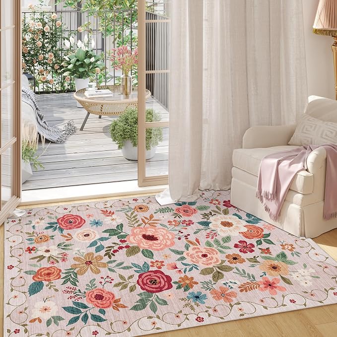 DUKINO 4x6 Area Rug, Floral Washable Rug Non Slip Office Chair Mat, Beige | Low Pile, Stain Resistant, Soft Indoor Rug for Bedroom, Living Room, Dining Room, Kids Room, Pet Friendly, Modern Home Decor