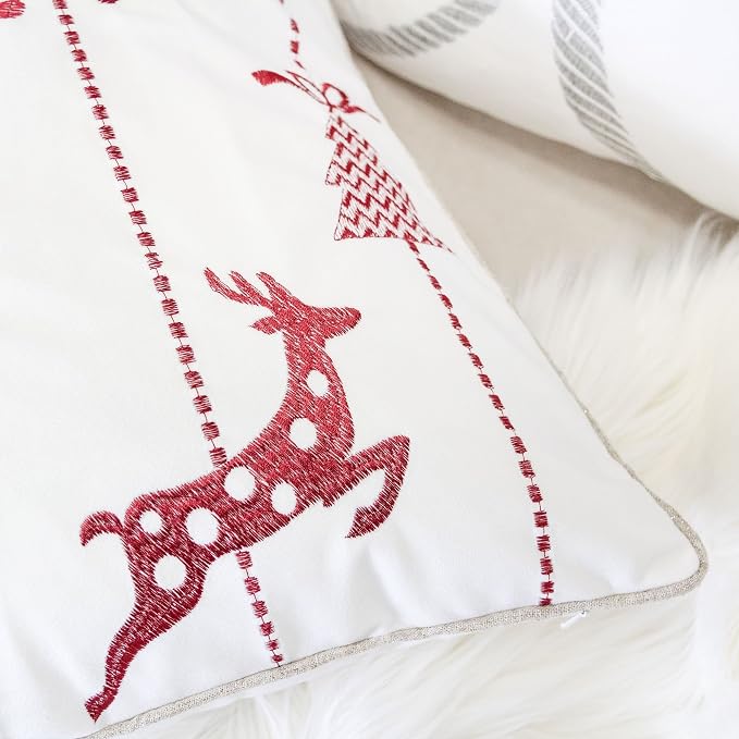 Embroidery White Velvet Throw Pillow Cover, Merry Christmas Series Snow Reindeer Luxury Soft Fuzzy Cozy Warm Slik Gift Square Couch Cushion Pillow Case 20 x 20 Inch, Cover Only