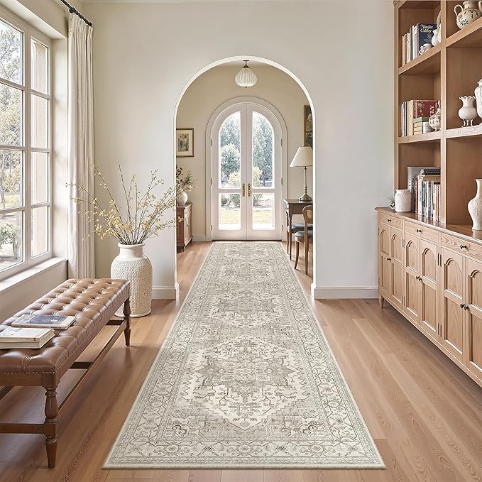 Madane Hallway Runner Rug 2'6''x12' Kitchen Runners Vintage, Beige/Brown | Non-Slip Washable Rugs 12ft for Laundry Room, Entryway and Bedroom, Soft Low Pile Stain-Resistant Wide 2.5x12 Ft Floor Carpet