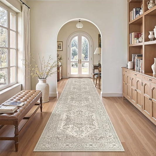 Madane Hallway Runner Rug 2'6''x12' Kitchen Runners Vintage, Beige/Brown | Non-Slip Washable Rugs 12ft for Laundry Room, Entryway and Bedroom, Soft Low Pile Stain-Resistant Wide 2.5x12 Ft Floor Carpet