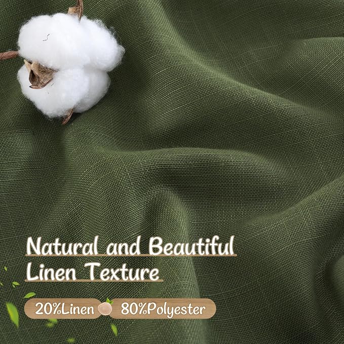 Semi Sheer Linen Curtains 48 Inch Length 2 Panels Set, Olive Green | Short Kitchen Curtains, Light Filtering Panels, Window Drapes for Bathroom, Small Windows, Back Tab Rod Pocket, 34 x 48 Inch