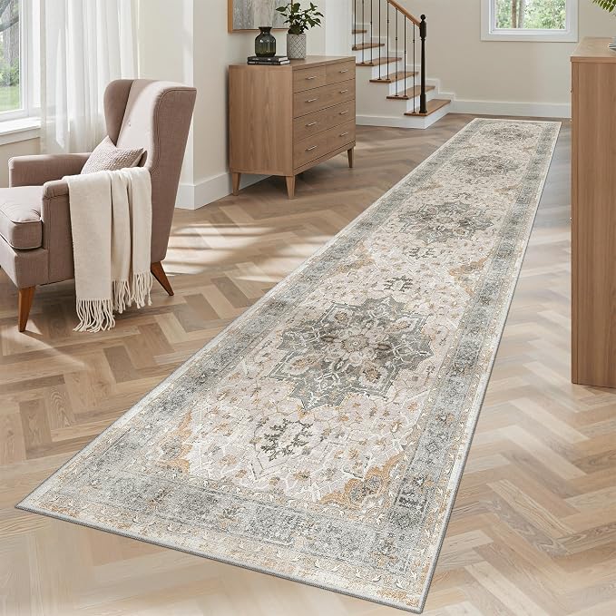 Madane Washable Runner Rugs 2x10 for Hallway Kitchen, Light Taupe Brown | Non-Slip Low-Pile 10ft Rug Runners Soft, Stain-Resistant Floor Carpet Mat for Entrance, Living Dining Laundry Room, Stair