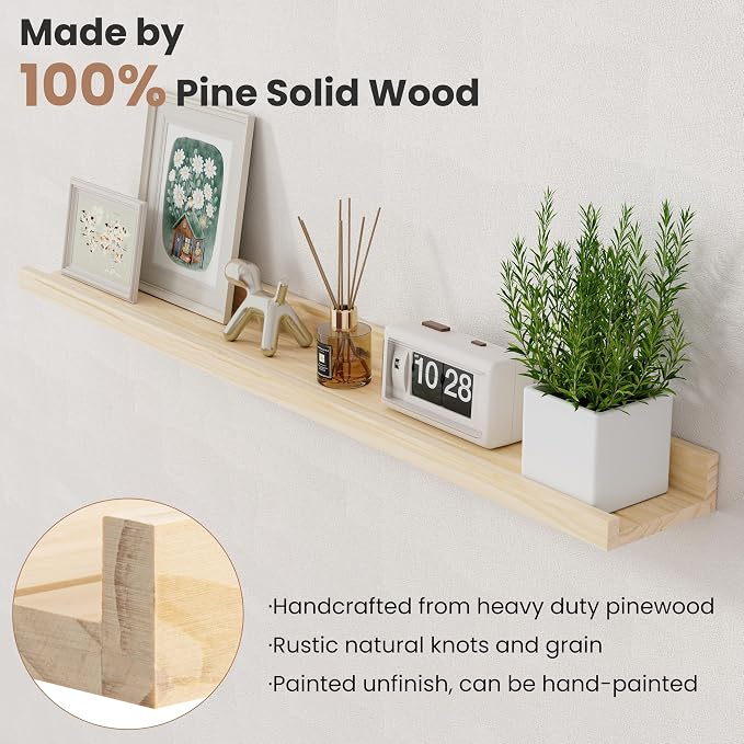 Long Floating Shelves for Wall, 48 inch Solid Wood Picture Ledge Shelf, Picture Shelf for Wall with Ledge, Floating Book Shelves for living room Bedroom Nursery Decor, Natural Unfinished, Set of 2