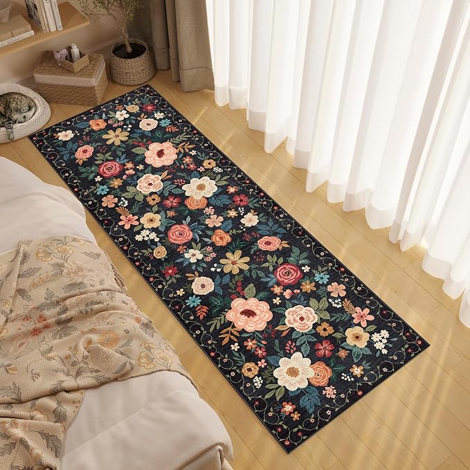 DUKINO 2.6x8 Runner Rug, Washable Runner Rug for Hallway Non Slip, Black | Low Pile, Soft, Floral Indoor Rug for Kitchen, Entryway, Bedroom, Bathroom, Pet Friendly, Stain Resistant, Modern Home Decor