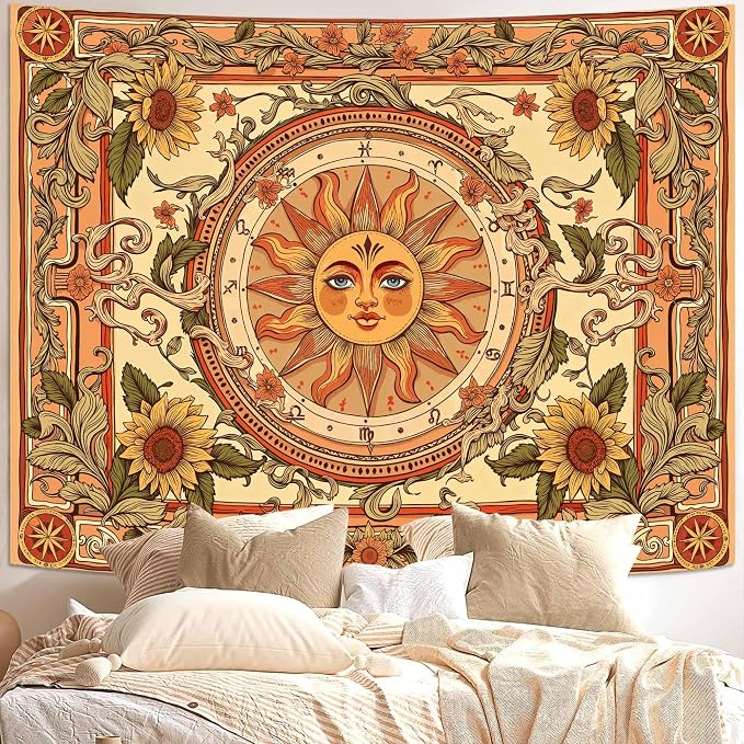 Accnicc Yellow Sun Tapestry Boho Floral Sunflower Plant Wall Tapestry for Bedroom Aesthetic Vintage Flower Celestial Small Tapestries Wall Hanging for Dorm Living Room Decor 60 x 44 Inch