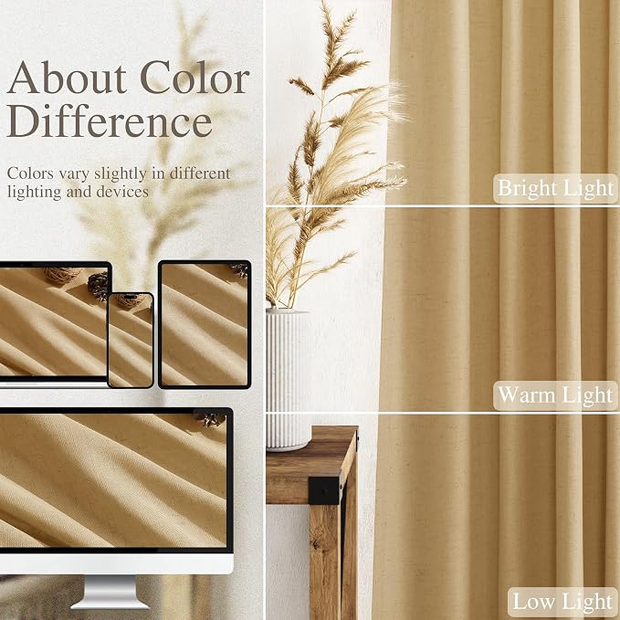 Gold Yellow Linen Curtains 72 Inch Length for Living Room Sheer Lightweight Door Drapes 2 Panels Set for Kids Bedroom Light Filtering Back Tab Rod Pocket Curtain for Kitchen Protect Privacy 52x72