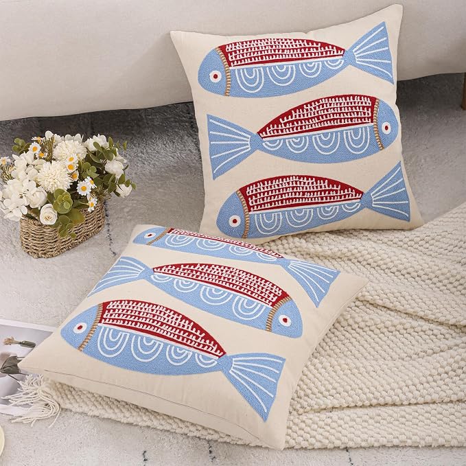 LUOYEHK Summer Embroidered Throw Pillow Covers 18x18 Inch Pack of 2 Coastal Canvas Beach Cushion Covers for Couch Sofa Bed Living Room (Red Fish)