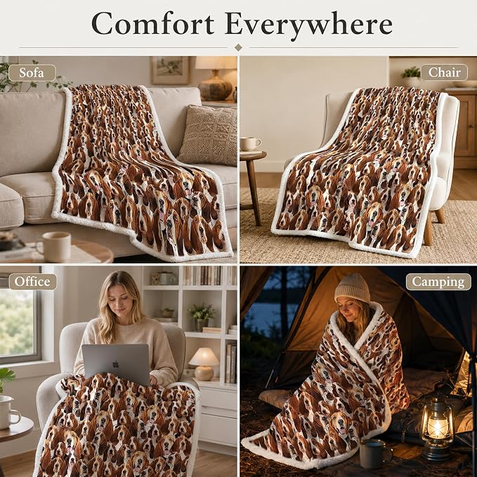 BlessLiving Throw Blanket, Brown Dog Animal Gift, 50x60 in | sherpa fleece fabric, Bassett Hound Dense Pet Blankets Puppy print, for couch or sofa, pet lovers, easy machine care