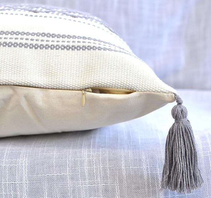 Gray 16x16 Pillow Covers - Set of 2 / Decorative Grey Boho Tassels Indoor Outdoor Cushion Covers Checkrered Geometric Pattern / Farmhouse Designer Woven PillowCases/ Modern Accent Throw PillowCovers