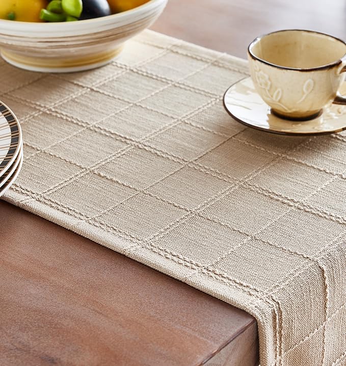 ZeeMart Linen Checked Farmhouse Table Runner, 13x90 Inches Neutral Beige | Raised Grid Design, Rich Woven Texture, Linen Blend Table Runners 90 Inches Long, Machine Washable, Boho Home Kitchen Decor