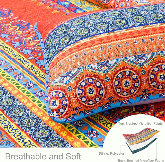 Exclusivo Mezcla Reversible Boho Quilts Queen Size Blue | Lightweight Soft Bedspreads, All Season Bohemian Coverlet Bedding Set, Printed Floral Pattern, 1 Quilt and 2 Pillow Shams