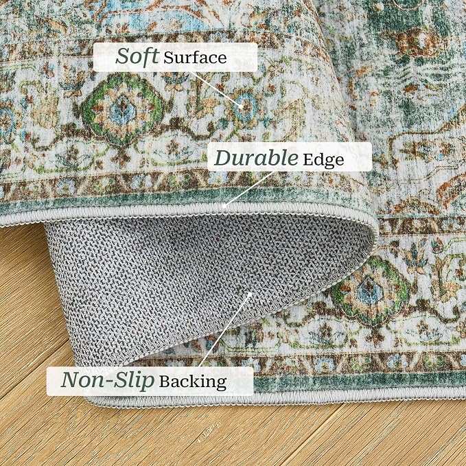 Madane Kitchen Runner 2'6''x8' Soft Rug Runners for Hallways, Green | Vintage Machine Washable Printed Rugs 2.5x8 Ft, Non-Slip Low Pile Stain-Resistant 8ft Floor Carpet for Laundry Room, Corridor