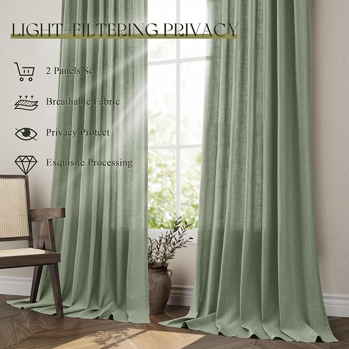 Jowels Light Sage Green Linen Curtains 96 Inch 2 Panels for Living Room | Light Filtering Semi Sheer Curtain, Back Tab Pocket Pleated Look, Boho Farmhouse Textured Privacy Drapes for Bedroom Window