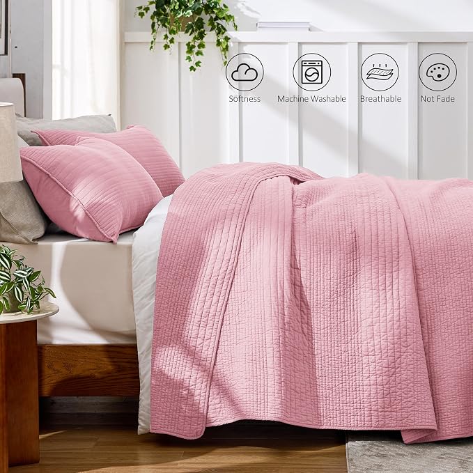 Love's cabin Queen Size Cotton Quilt Set, 100% Cotton Fabric Striped Textured Coverlet with Crinkled Look, Lightweight Quilted Bedspread for All Season, Includes 2 Pillow Shams, Pink