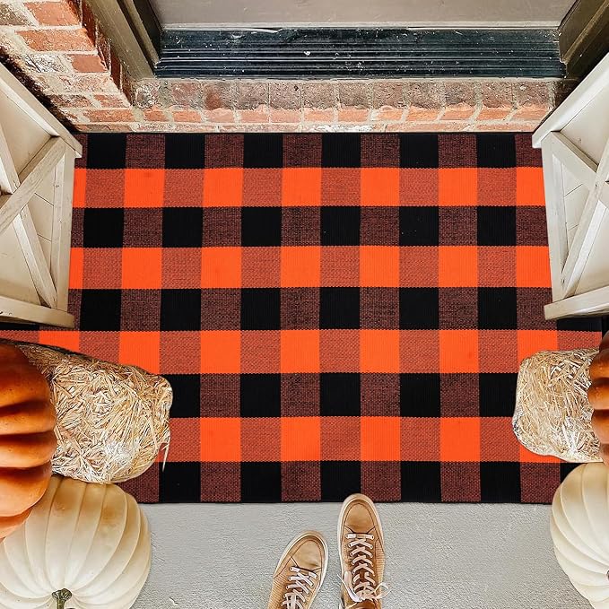 Halloween Buffalo Plaid Rug 3x5 Ft, Orange Black Indoor Outdoor Rug | Cotton Blend, Orange Black Checkered, Machine Washable, Layering Rug, Porch Entryway Decor