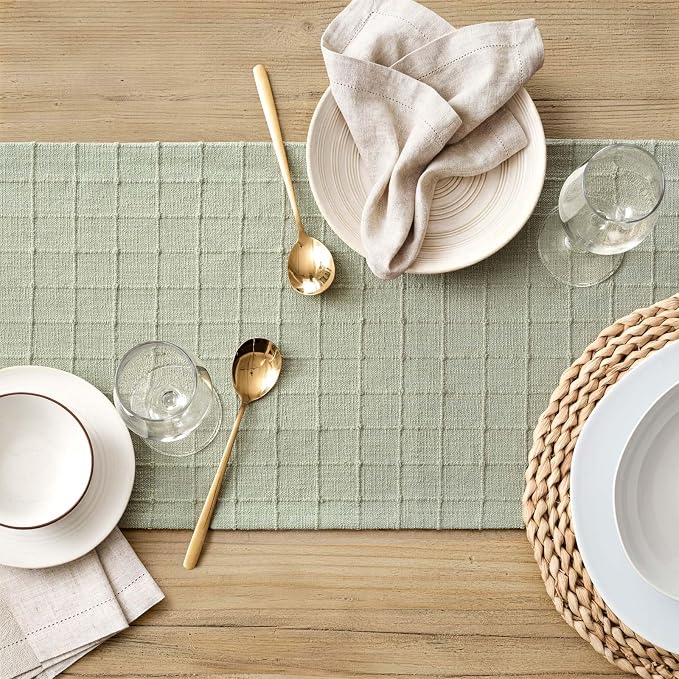 ZeeMart Artisanal Grid Linen Table Runner, 13x48 Inches Seeding Green | Heavy Textured, Durable Thick Fabric, Farmhouse Handwoven Feel Linen Runner, Easy Care Table Decor for Kitchen Dining Room
