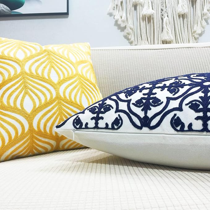 Slow Cow Throw Pillow Cover Navy Blue Embroidery Canvas Throw Pillow Cover for Couch Bed Sofa Navy Geometric Cushion Cover 18 x18 Inches