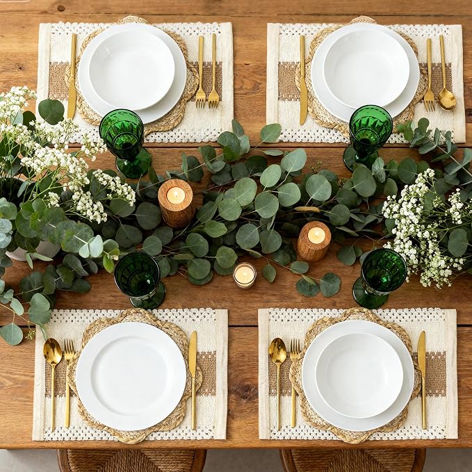 6pc Sunflower Rattan Placemat Set, Woven Boho Table Mats, Natural | 6 cotton runners (24x11") & 6 woven mats. Heat-resistant & eco-friendly. Perfect for boho, farmhouse decor & parties.