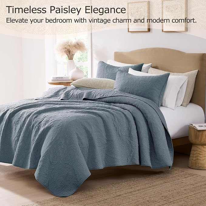 PALASSIO Dusty Blue Paisley 100% Cotton Quilt King Size Bedding Sets with 2 Pillow Shams, Boho Floral Lightweight Farmhouse Country Vintage Soft Bedspread Shabby Chic Coverlet for All Season, 3 Pieces