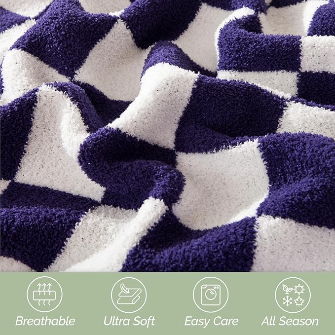 Elegant Comfort Premium Checkered Reversible Throw Blanket - Ultra Soft and Lightweight, Luxury Knitted Breathable Fleece for Couch, Bed, Sofa - Warm Velvet Fluffy Throw, 50 x 70 Inch, Purple