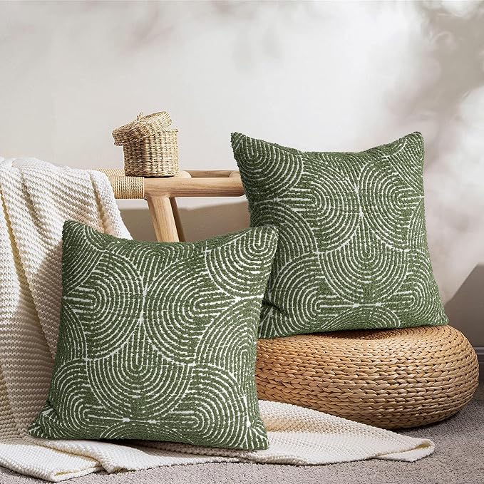 AELS Boho Decorative Textured Throw Pillow Covers 18x18, Modern Mid Century Rainbow Tufted Pillow Case, Farmhouse Rustic Geometric Woven Cushion Case for Bed Couch Sofa, Olive Green