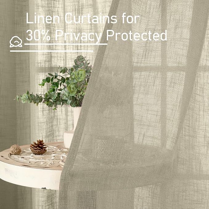 40 Inch Length Linen Curtains for Small Windows Over Silk 2 Panels | Semi Sheer, Light Filtering Panels, Rod Pocket Back Tab, Country Decor Drapes for Basement, Kitchen, Oatmeal, 34 x 40 Inch