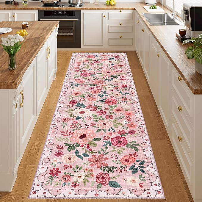 DUKINO 3x10 Runner Rug, Floral Washable Kitchen Runner Rug Non Slip, Pink | Soft, Low Pile, Stain Resistant Indoor Rug Runner for Hallway, Entryway, Bedroom, Bathroom, Modern Home Decor, Pet Friendly