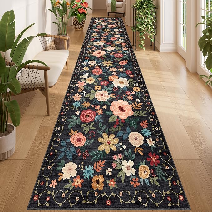 DUKINO 3x14 Washable Runner Rug, Non Slip Long Kitchen Runner Rug, Black | Soft, Low Pile, Floral Indoor Carpet Runner for Hallway, Entryway, Bedroom, Bathroom, Laundry, Pet Friendly, Home Decor