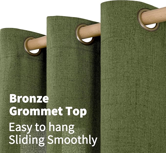 YoungsTex Olive Green Linen Curtains for Living Room, Extra Long Semi Sheer Drapes Light Filtering with Bronze Grommet for Bedroom Country, 2 Panels, 52 X 102 Inch