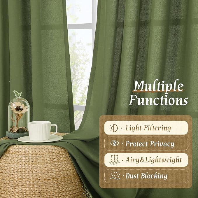 Olive Green Semi Sheer Linen Curtains 72 Inch Length for Living Room | Light Filtering, Faux Linen Textured, Neutral, Christmas Panels for Farmhouse, Bedroom, Rod Pocket, 2 Panels, 52 x 72 Inch