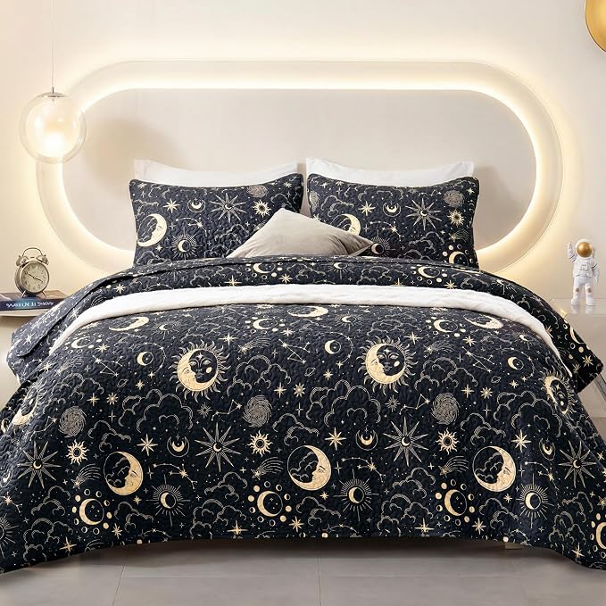 EXQ Home Quilt Set Twin Size Black Print Black Sun Starry Pattern | Soft Microfiber Bedspread, Breathable & Wrinkle-resistant Coverlet. All-season Use for Hot Sleepers. 2-pc Set with 1 Sham